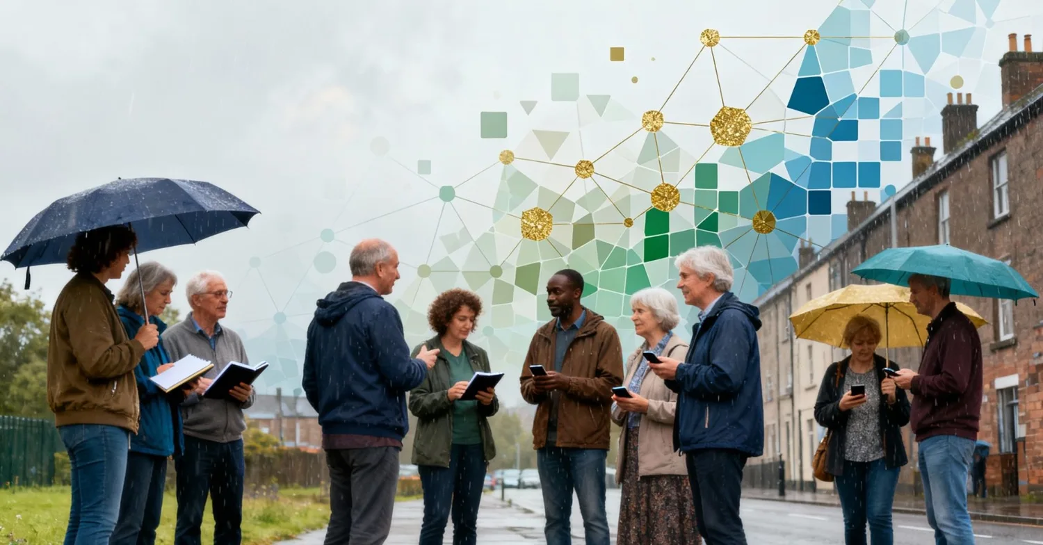MOSAIC brand illustration of neighbours talking on a North West terraced street